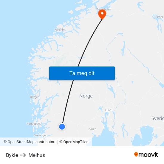 Bykle to Melhus map