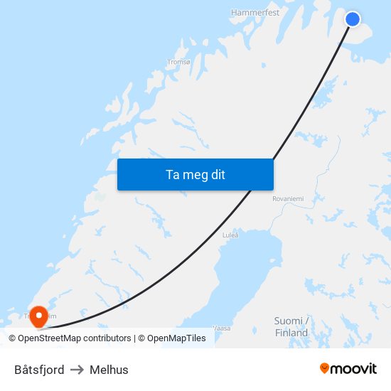 Båtsfjord to Melhus map