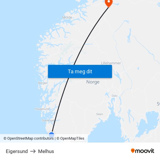 Eigersund to Melhus map