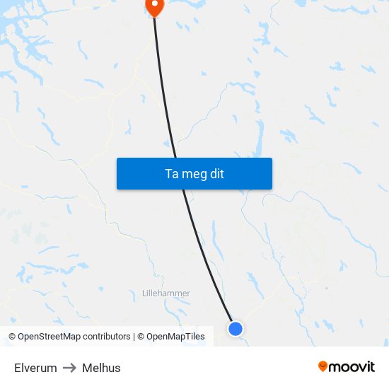 Elverum to Melhus map