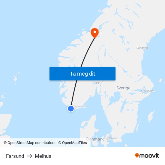 Farsund to Melhus map