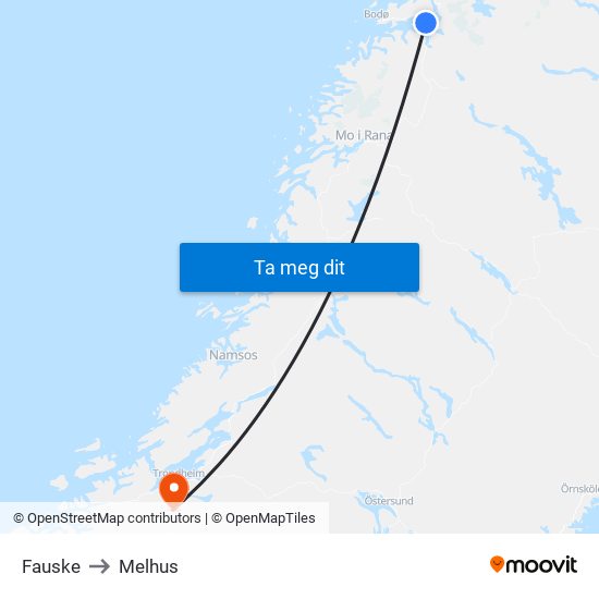 Fauske to Melhus map