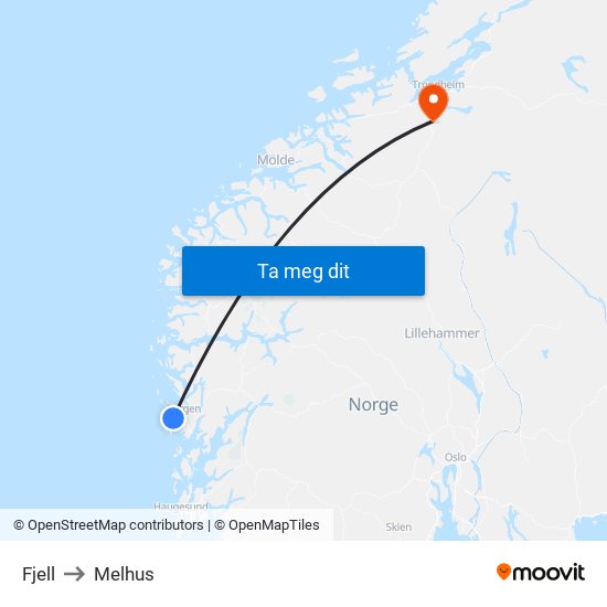 Fjell to Melhus map