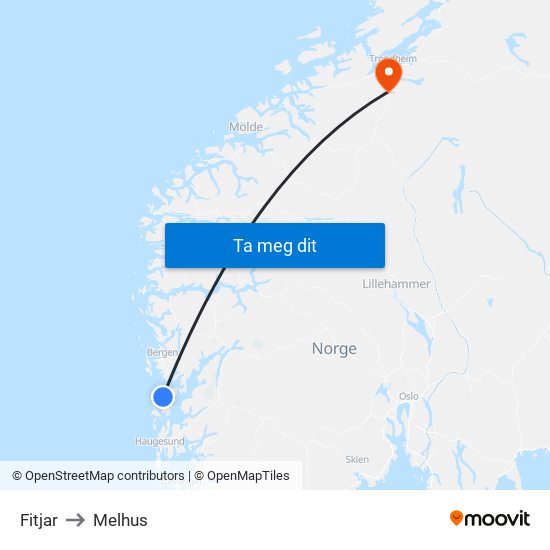 Fitjar to Melhus map