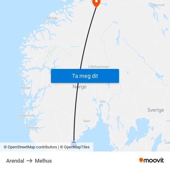 Arendal to Melhus map