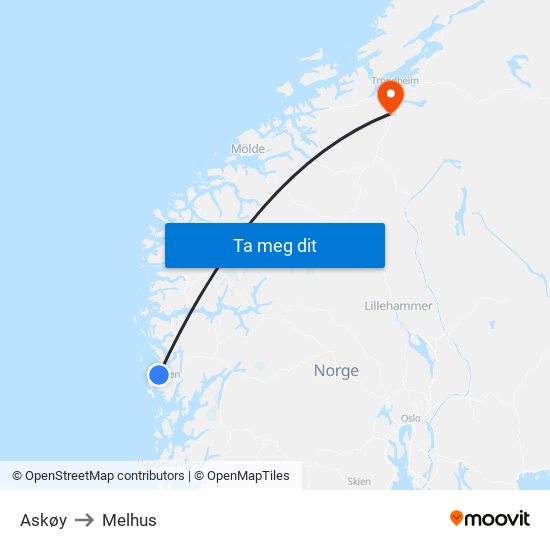 Askøy to Melhus map