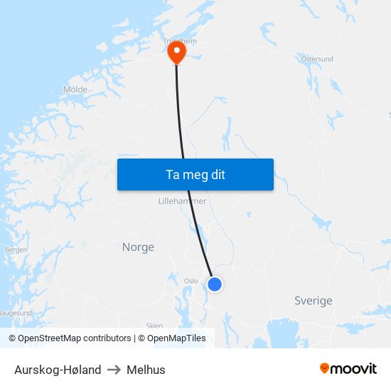 Aurskog-Høland to Melhus map