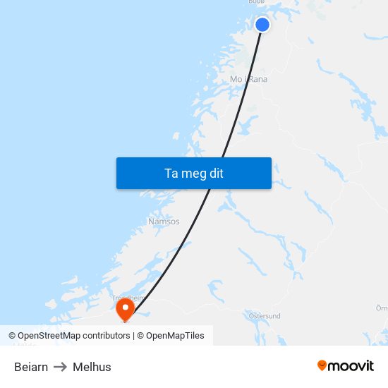 Beiarn to Melhus map