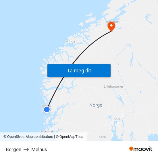 Bergen to Melhus map
