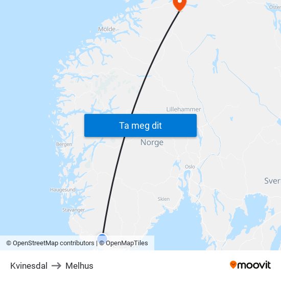 Kvinesdal to Melhus map