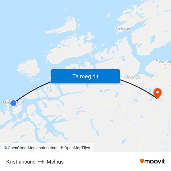 Kristiansund to Melhus map