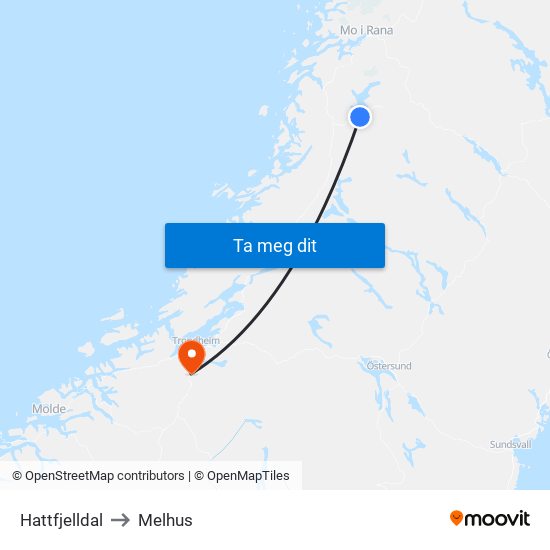 Hattfjelldal to Melhus map