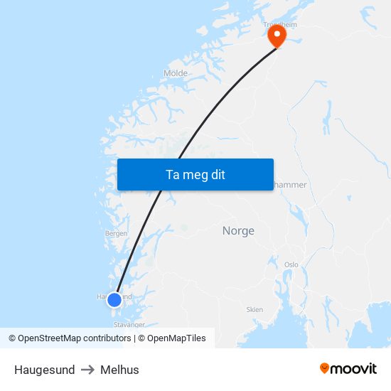 Haugesund to Melhus map