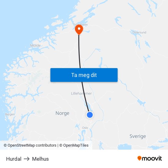 Hurdal to Melhus map