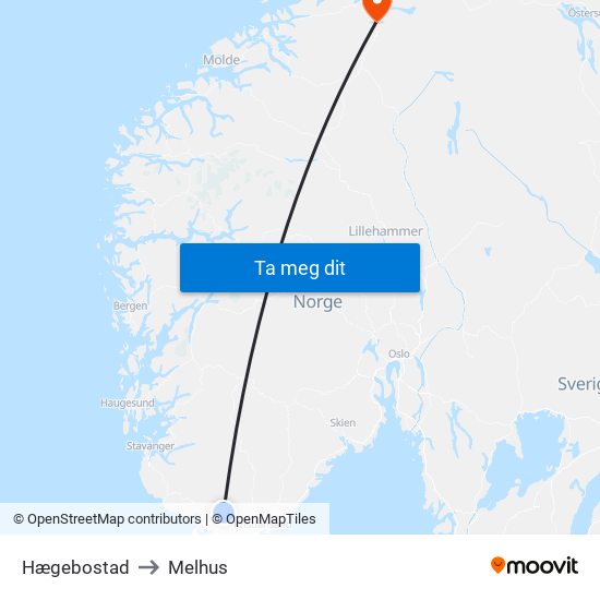 Hægebostad to Melhus map