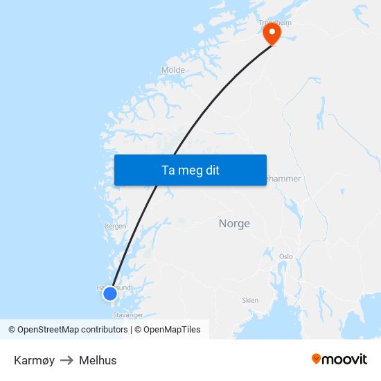 Karmøy to Melhus map