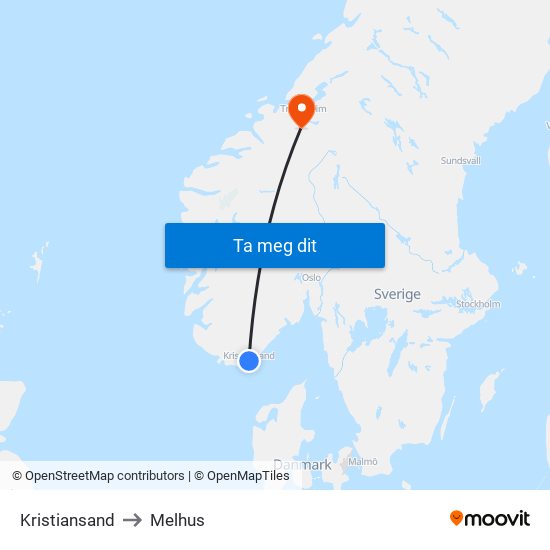 Kristiansand to Melhus map