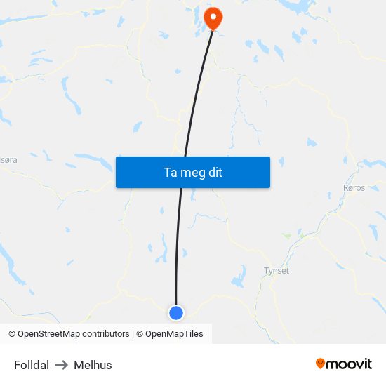 Folldal to Melhus map