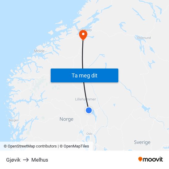 Gjøvik to Melhus map