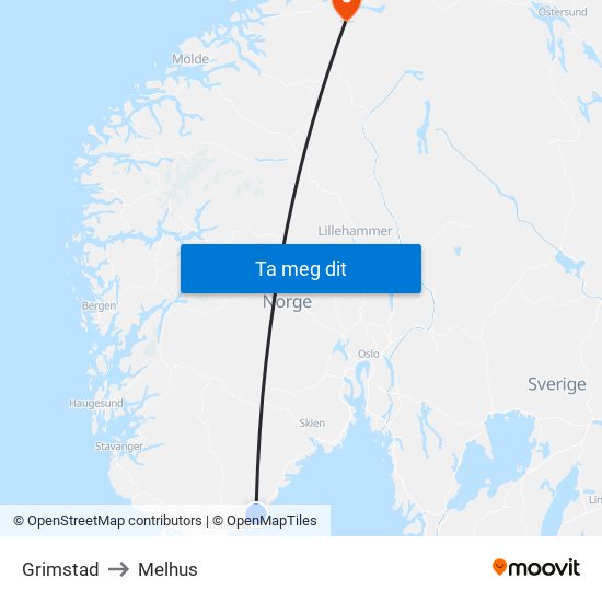 Grimstad to Melhus map