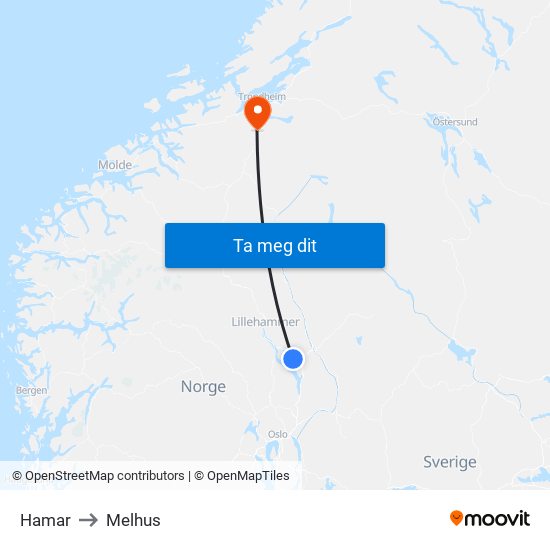 Hamar to Melhus map