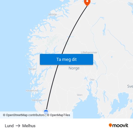 Lund to Melhus map