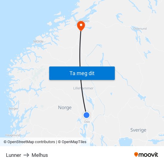 Lunner to Melhus map