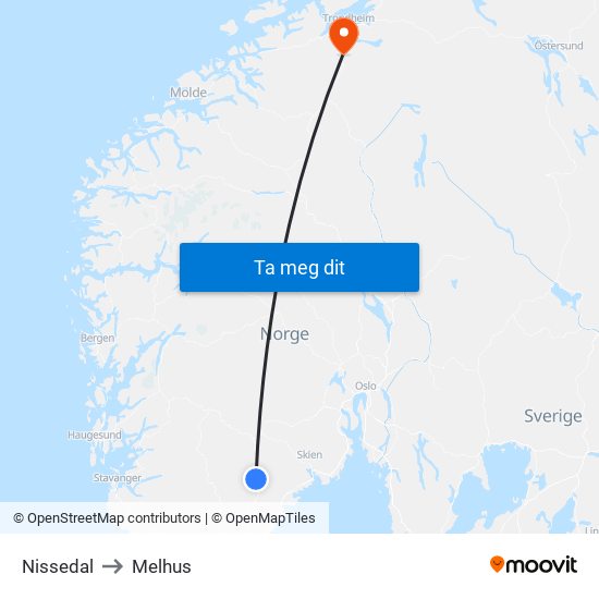 Nissedal to Melhus map