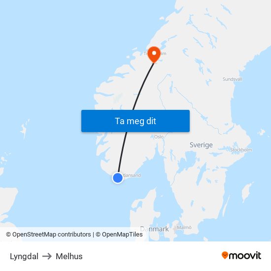 Lyngdal to Melhus map