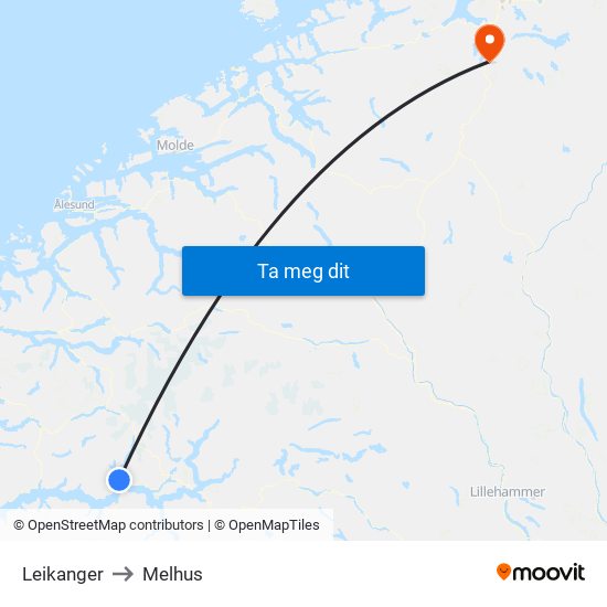 Leikanger to Melhus map