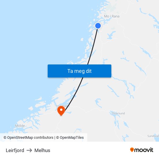 Leirfjord to Melhus map