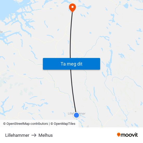 Lillehammer to Melhus map