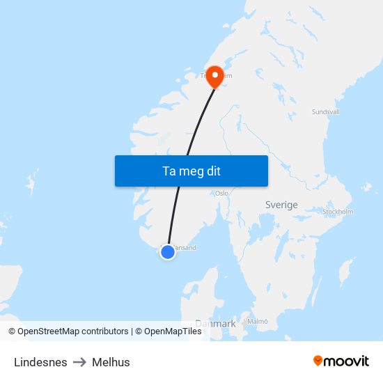 Lindesnes to Melhus map