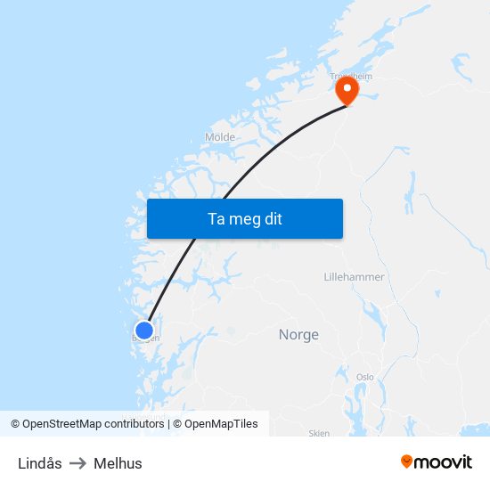 Lindås to Melhus map