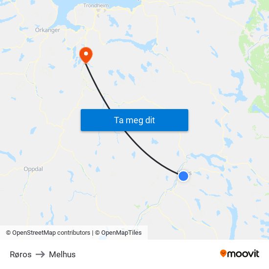 Røros to Melhus map