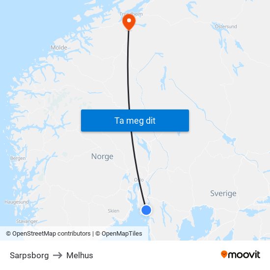 Sarpsborg to Melhus map