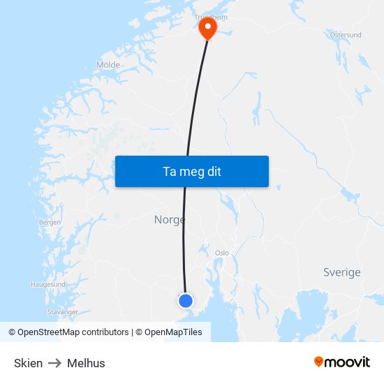 Skien to Melhus map