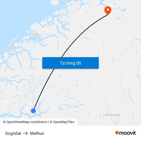 Sogndal to Melhus map