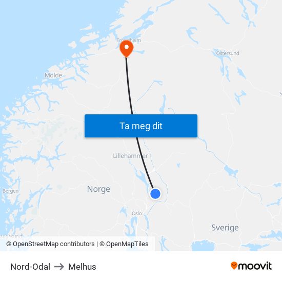 Nord-Odal to Melhus map