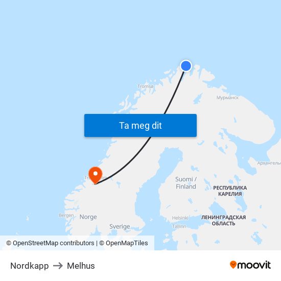 Nordkapp to Melhus map