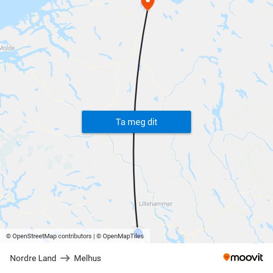 Nordre Land to Melhus map