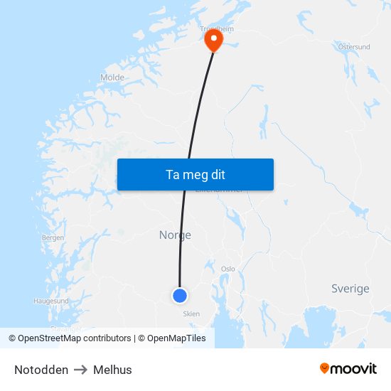 Notodden to Melhus map