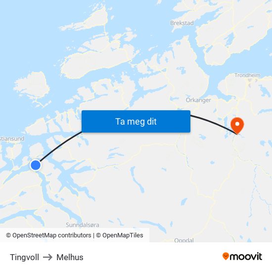 Tingvoll to Melhus map