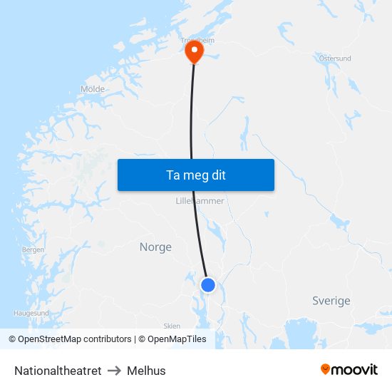 Nationaltheatret to Melhus map