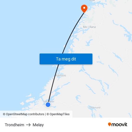 Trondheim to Meløy map