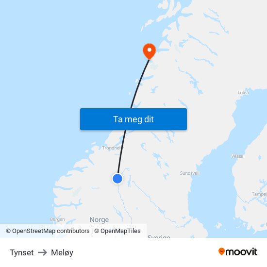 Tynset to Meløy map