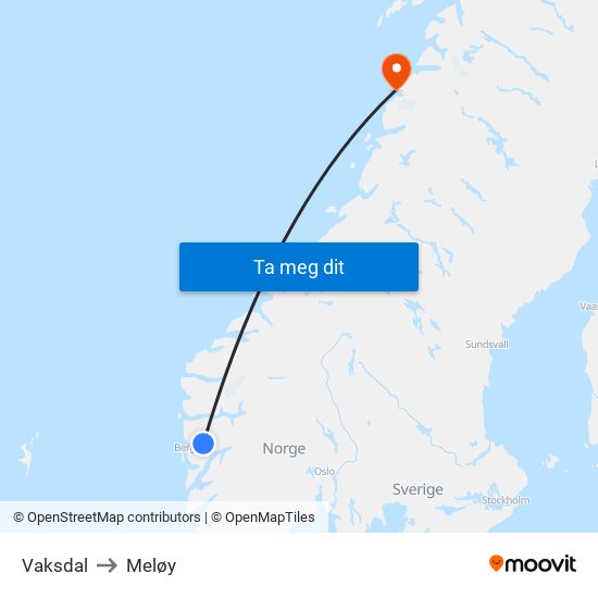 Vaksdal to Meløy map