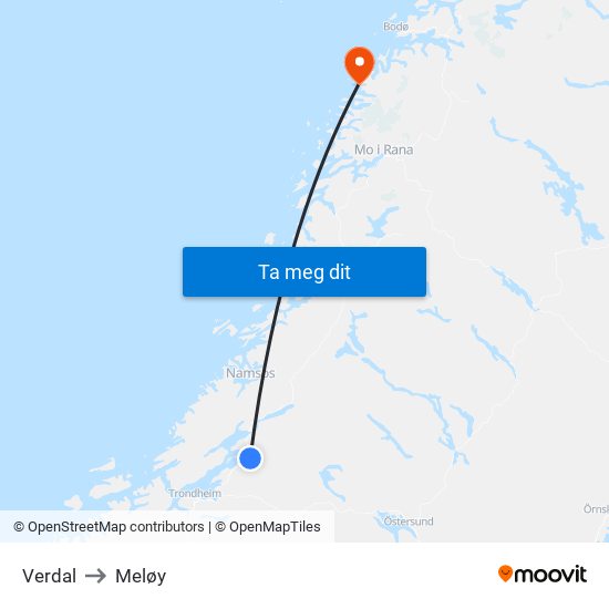 Verdal to Meløy map