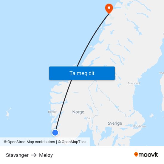 Stavanger to Meløy map