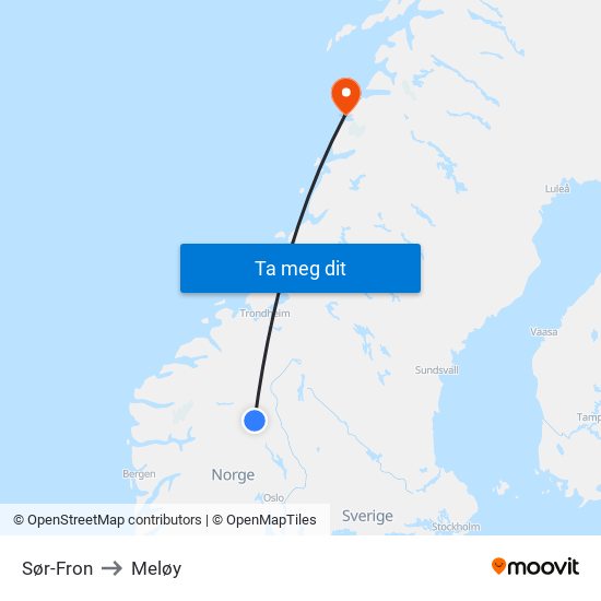 Sør-Fron to Meløy map